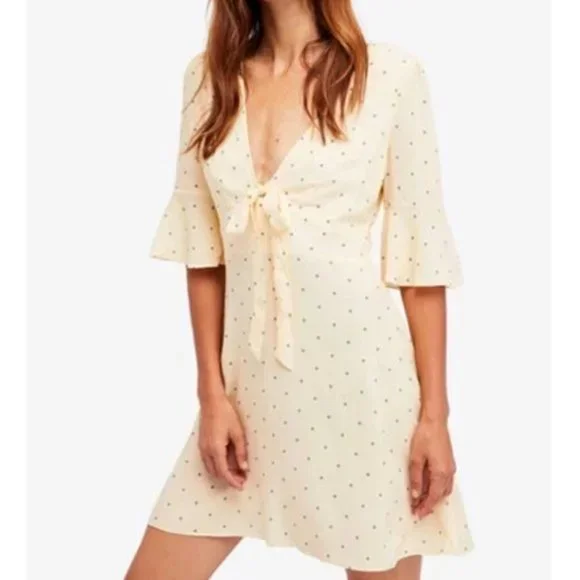 Free People All Yours Cream Green Polka Dot Wrap Bust Tie Mini Dress Small 4 - Picture 1 of 16